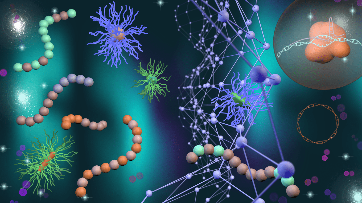 Kumar Biomaterials Lab illustration of polymers, biomolecules, and cellular structures.